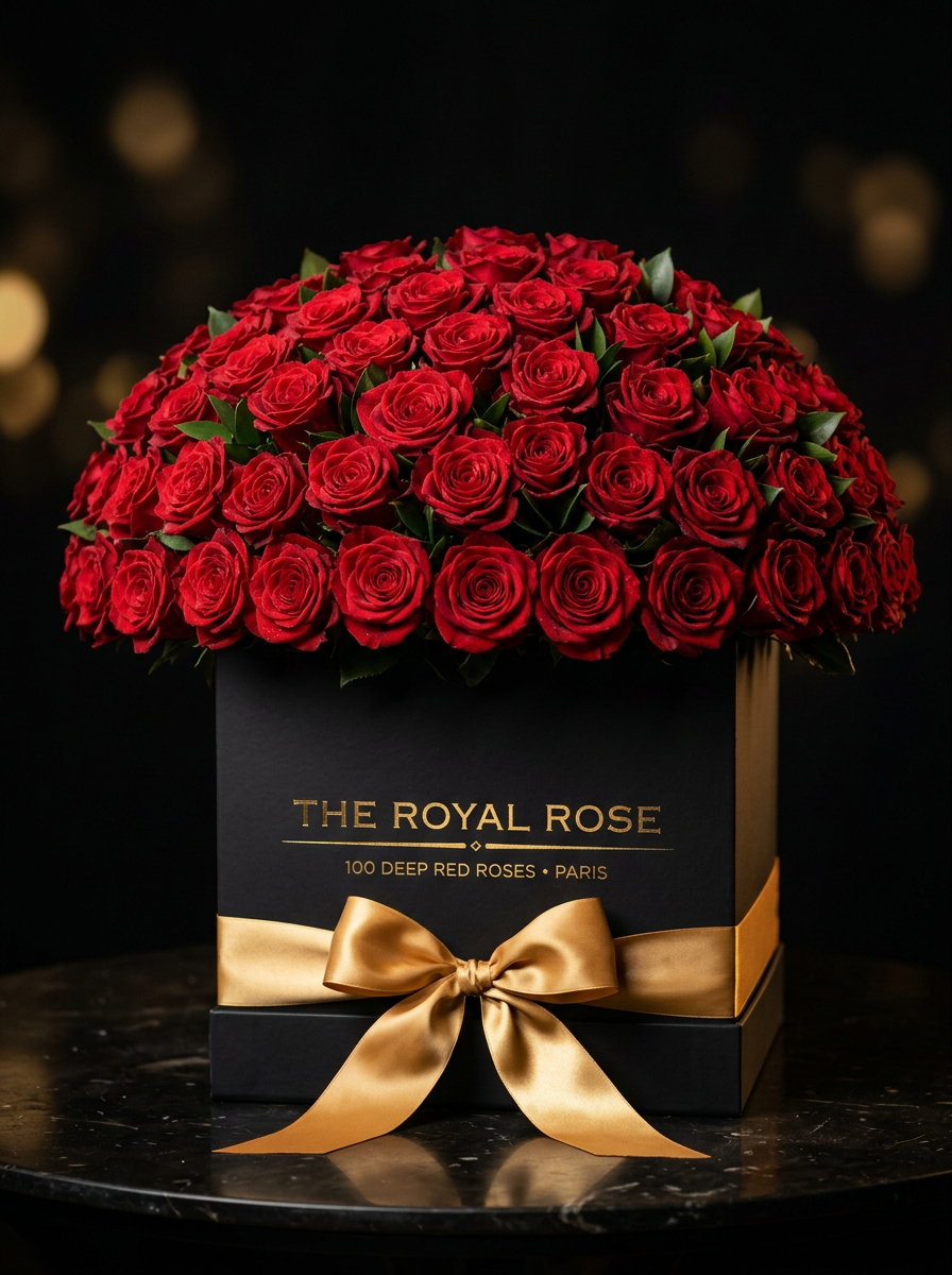 Bouquet Golden Luxury con 100 rosas en caja negra de lujo